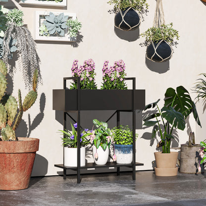 Outsunny Plantenstandaard, Bloempotstandaard met 2 niveaus, Afwateringsgaten, voor binnen- en buitengebruik, Metaal, Zwart