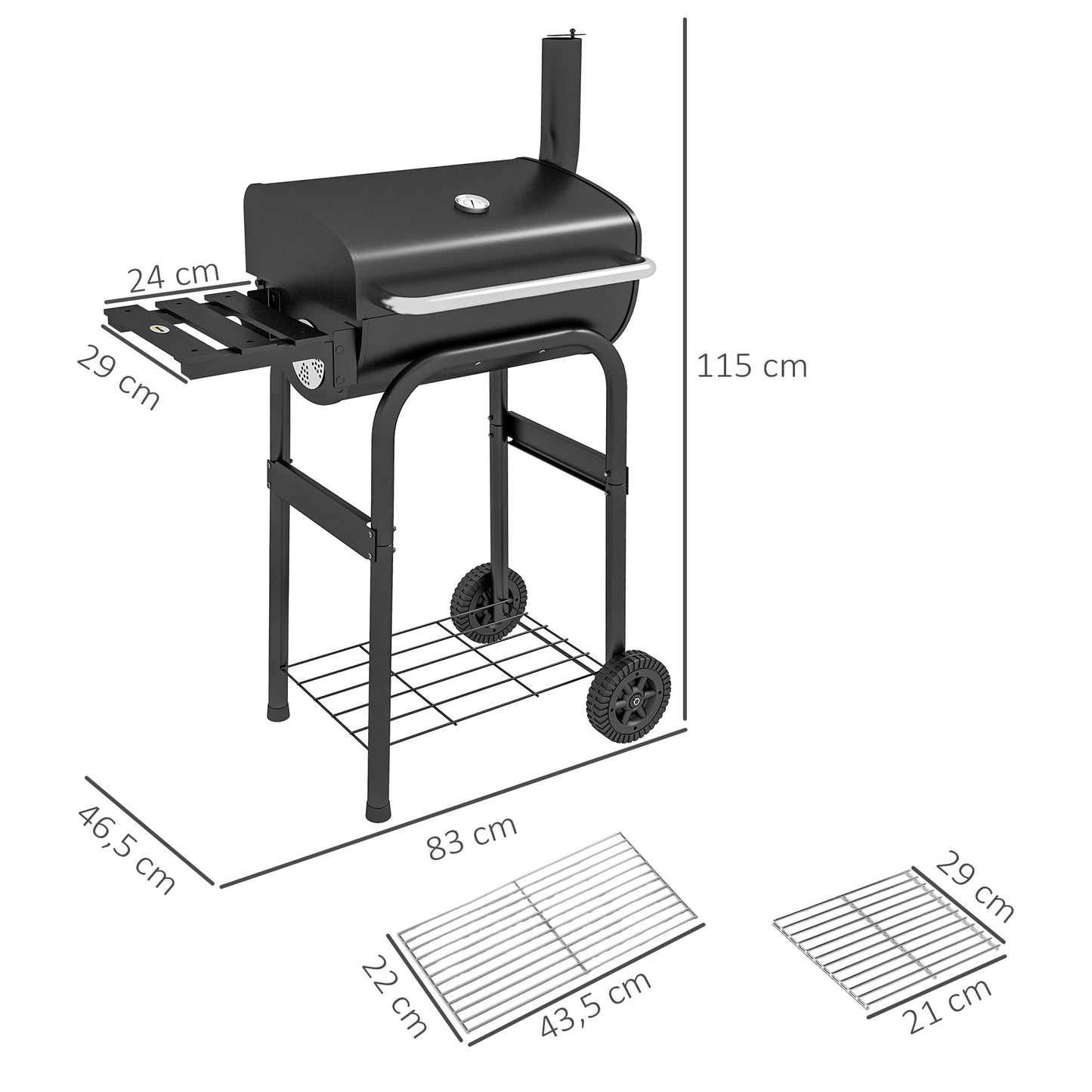 Outsunny Holzkohle-Smoker-Grill, 1 Planke, inkl. Thermometer, 83 x 46,5 x 115 cm, Schwarz