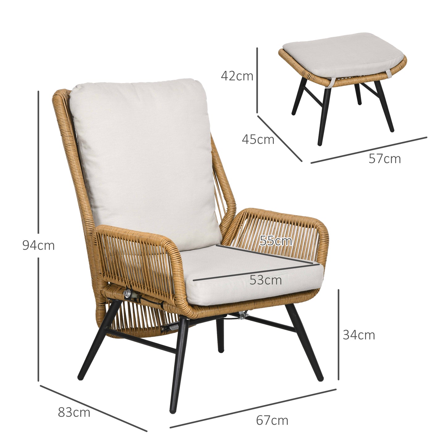Outsunny Gartenstuhl und Hocker aus Polyrattan, verstellbare Rückenlehne, hellbraun/grau/schwarz