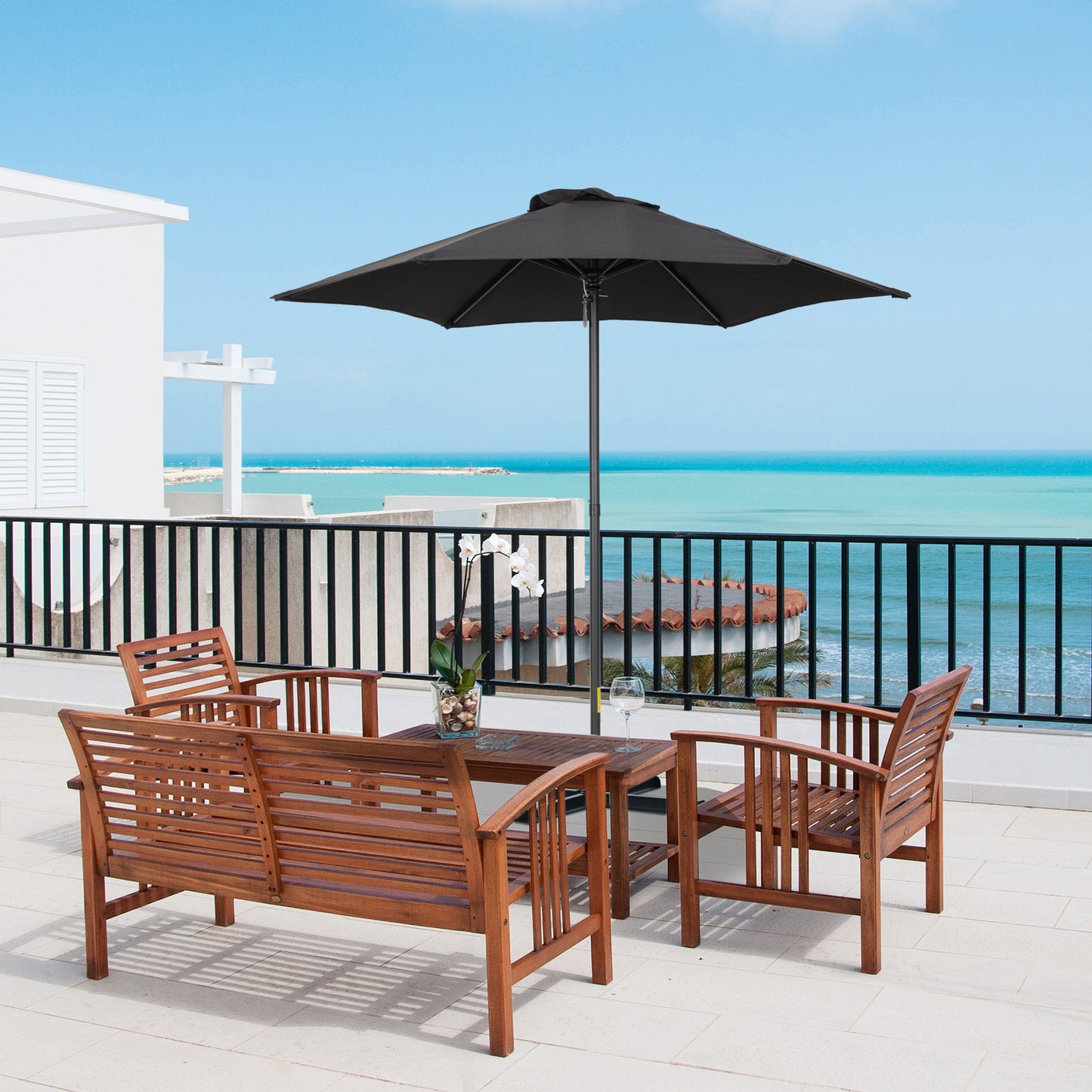Outsunny Parasol Ø196 cm, zeshoekige balkonparasol voor strand, balkon, tuin, zwart