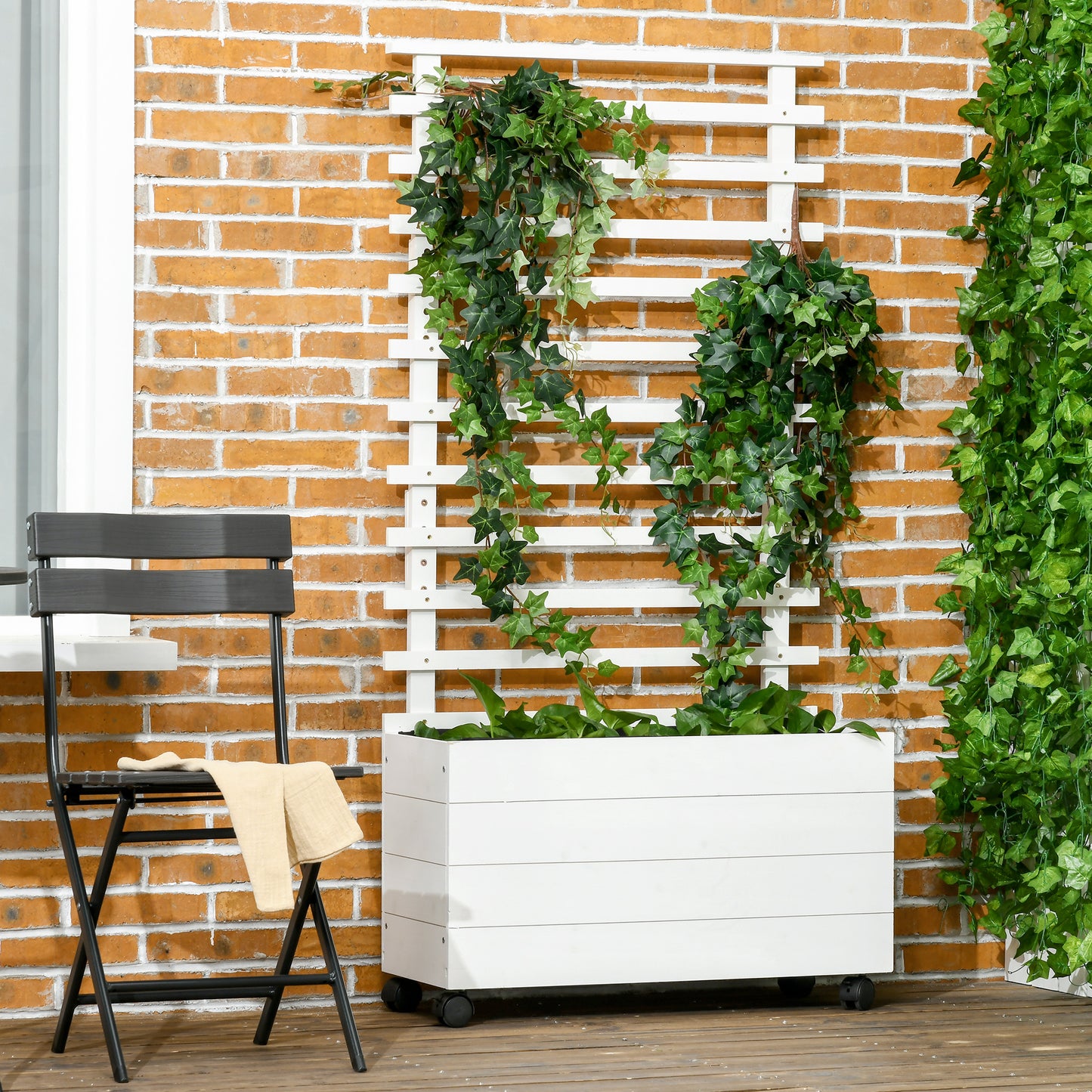 Outsunny plantenbak met trellis, 4 wielen, natuurlijk hout, weerbestendige afwerking, wit, 76 x 30 x 155 cm