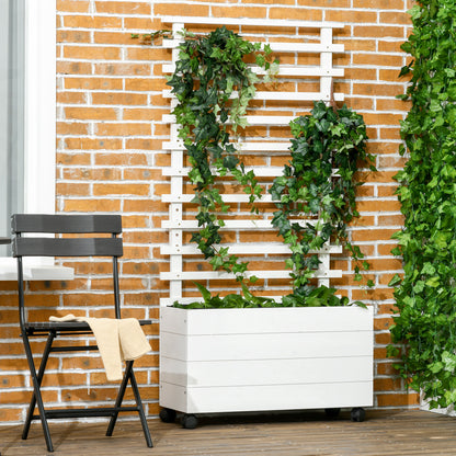 Outsunny plantenbak met trellis, 4 wielen, natuurlijk hout, weerbestendige afwerking, wit, 76 x 30 x 155 cm