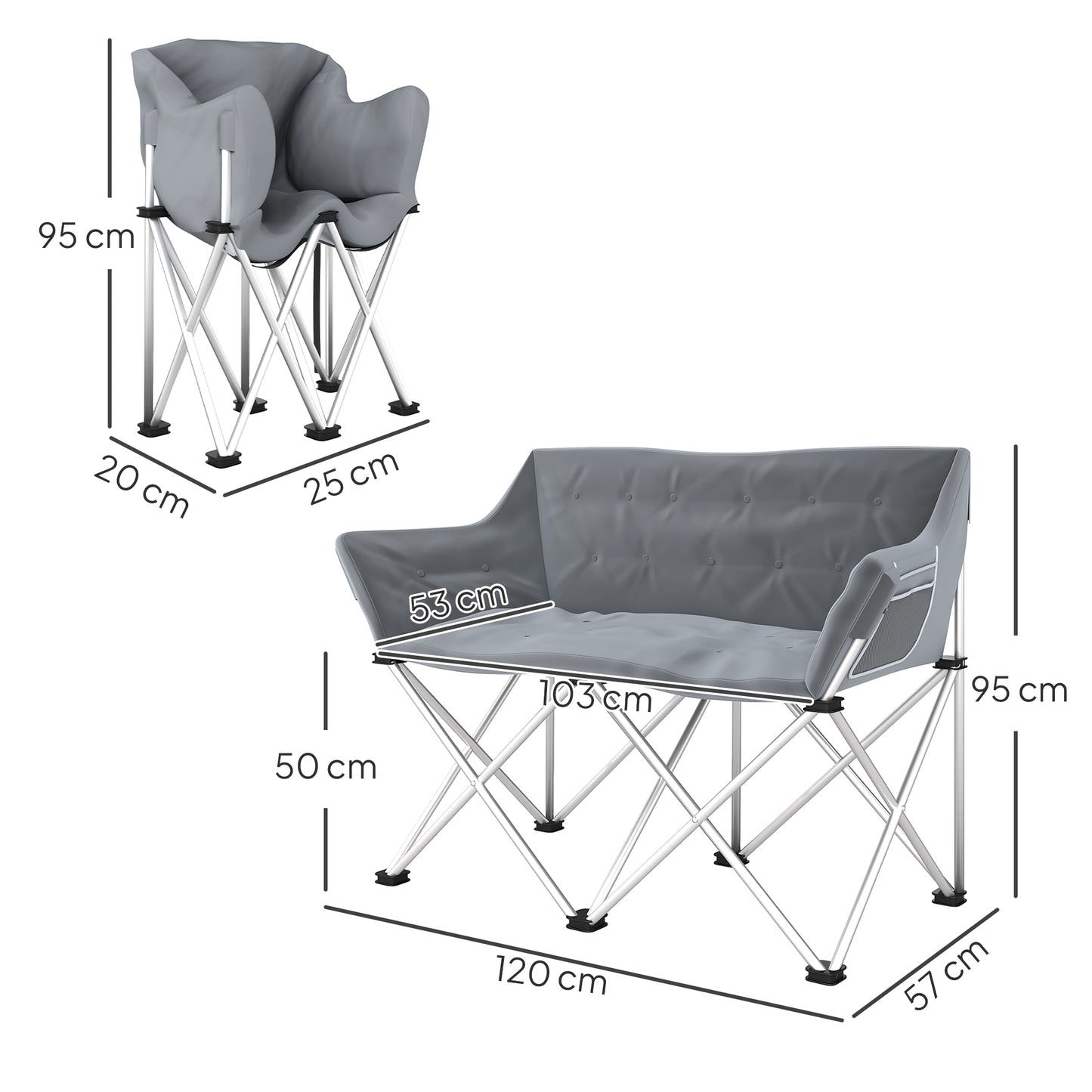 Outsunny Klappstuhl, 2-Sitzer, Campingstuhl mit Armlehnen und Seitentasche, Tragkraft bis zu 240 kg, Grau