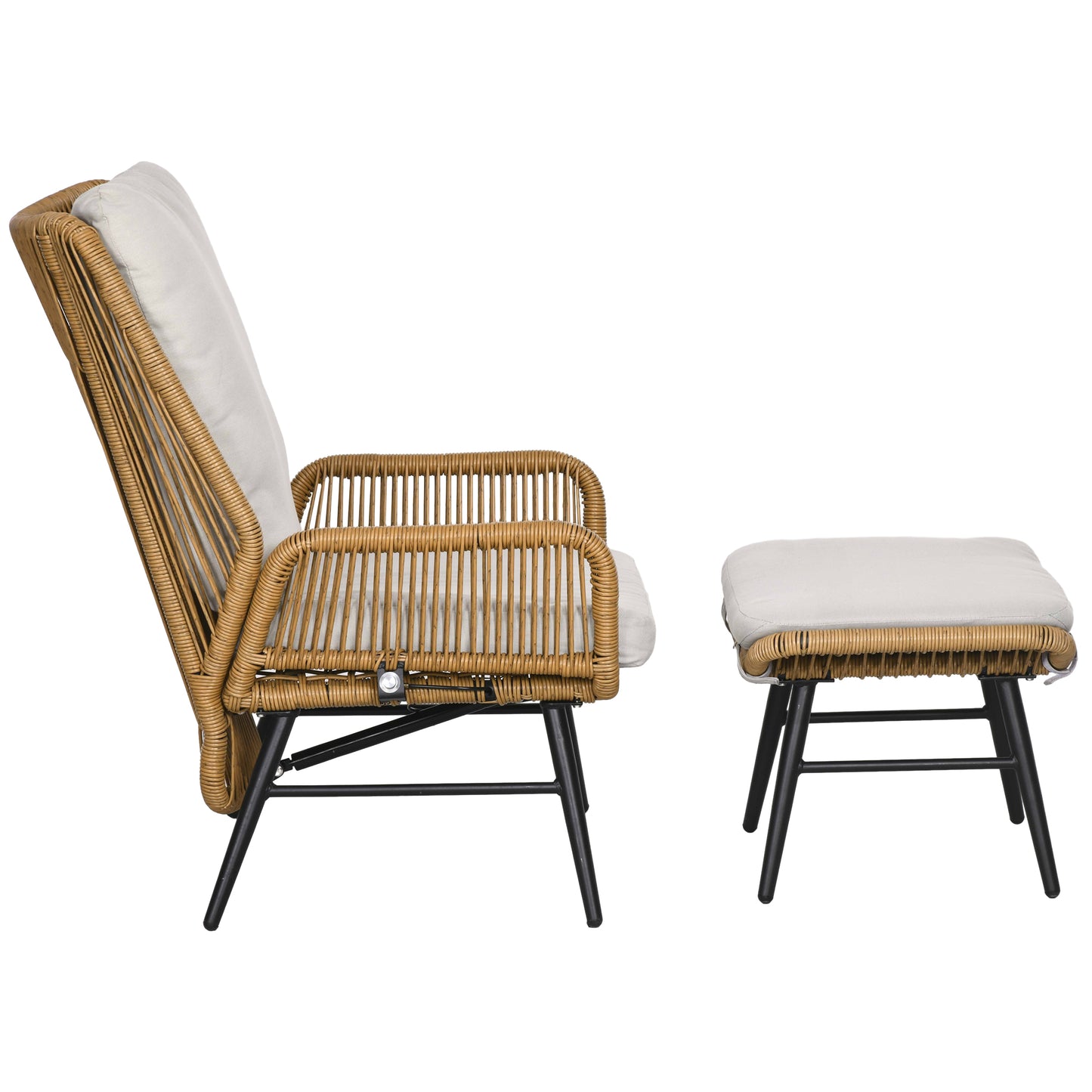 Outsunny Gartenstuhl und Hocker aus Polyrattan, verstellbare Rückenlehne, hellbraun/grau/schwarz