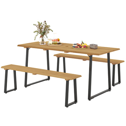 Outsunny 3-teilige Essgruppe aus Holz für 6 Personen, Esstisch mit 2 Bänken, Sonnenschirmloch, Holztisch 178 x 76 x 77 cm, Naturholz