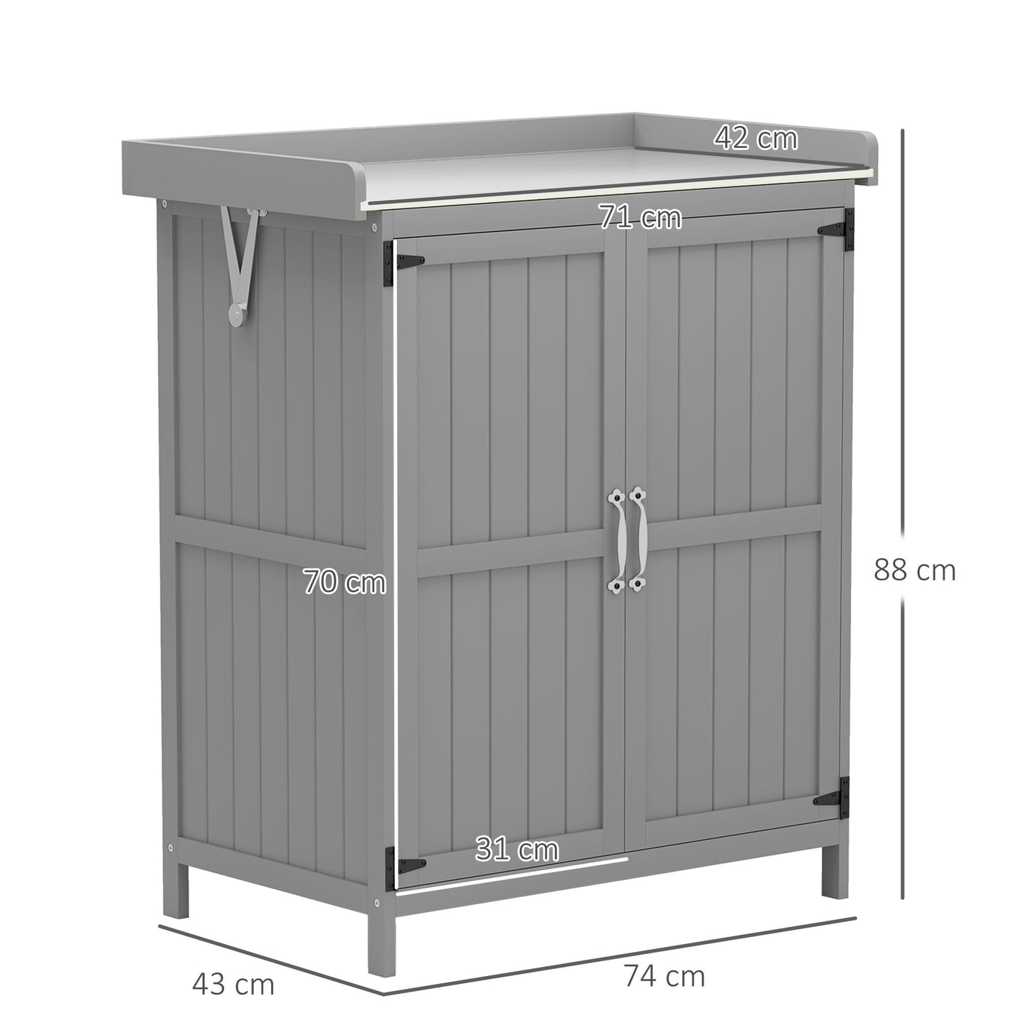 Outsunny tuinhuis, buitenschuur met werkblad, hout en roestvrij staal, dubbele deuren, grijs