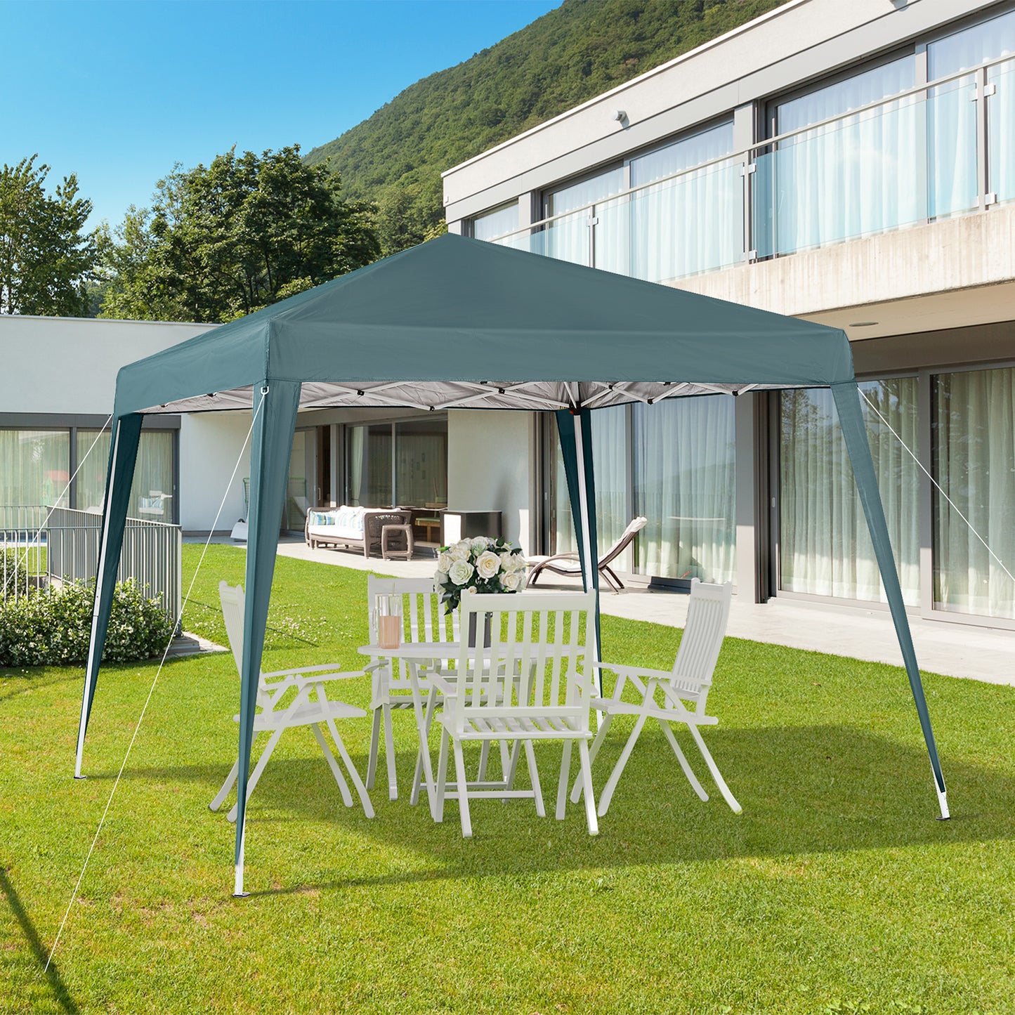 Outsunny Faltpavillon 2,4 x 2,4 m, Faltzelt mit UV-Schutz, Partyzelt inklusive Tragetasche für Garten und Balkon, Stahlgrün