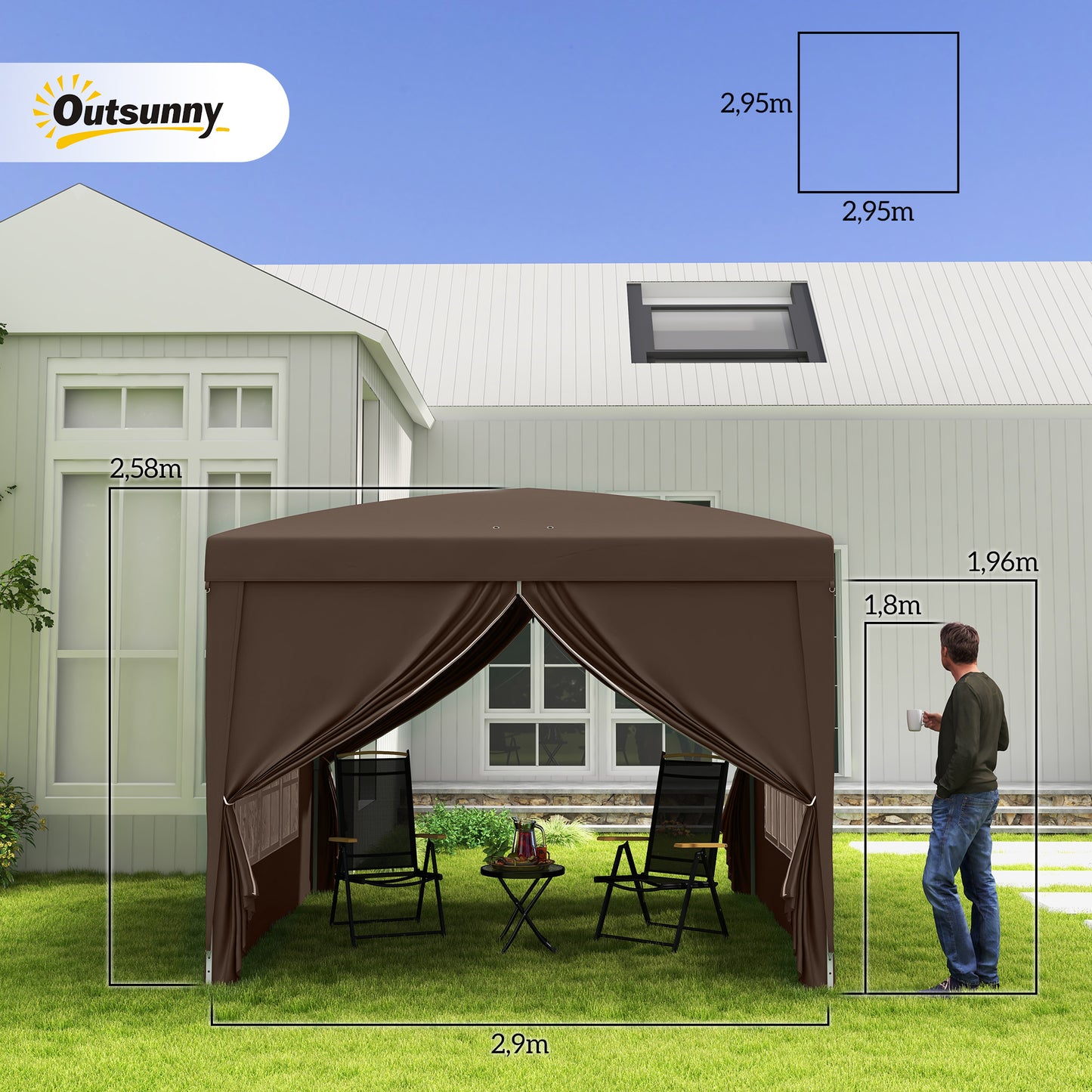 Outsunny 3 x 3 m Pavillon mit 4 Seitenwänden, Fenster, Zelt mit UV-Schutz, Gartenzelt inklusive Tragetasche, Stahl, Kaffee
