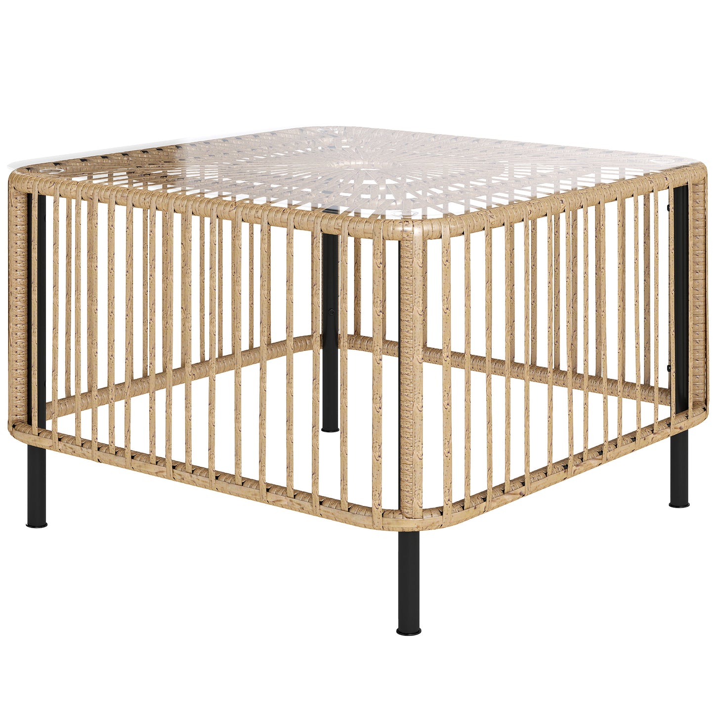 Outsunny polyrotan tuintafel, 65 x 65 x 43 cm, weerbestendige bijzettafel, vierkant met glazen blad, natuurlijk hout