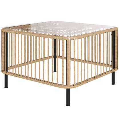 Outsunny polyrotan tuintafel, 65 x 65 x 43 cm, weerbestendige bijzettafel, vierkant met glazen blad, natuurlijk hout