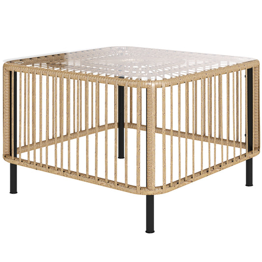 Outsunny Gartentisch aus Polyrattan, 65 x 65 x 43 cm, wetterfester Beistelltisch, quadratisch mit Glasplatte, Naturholz