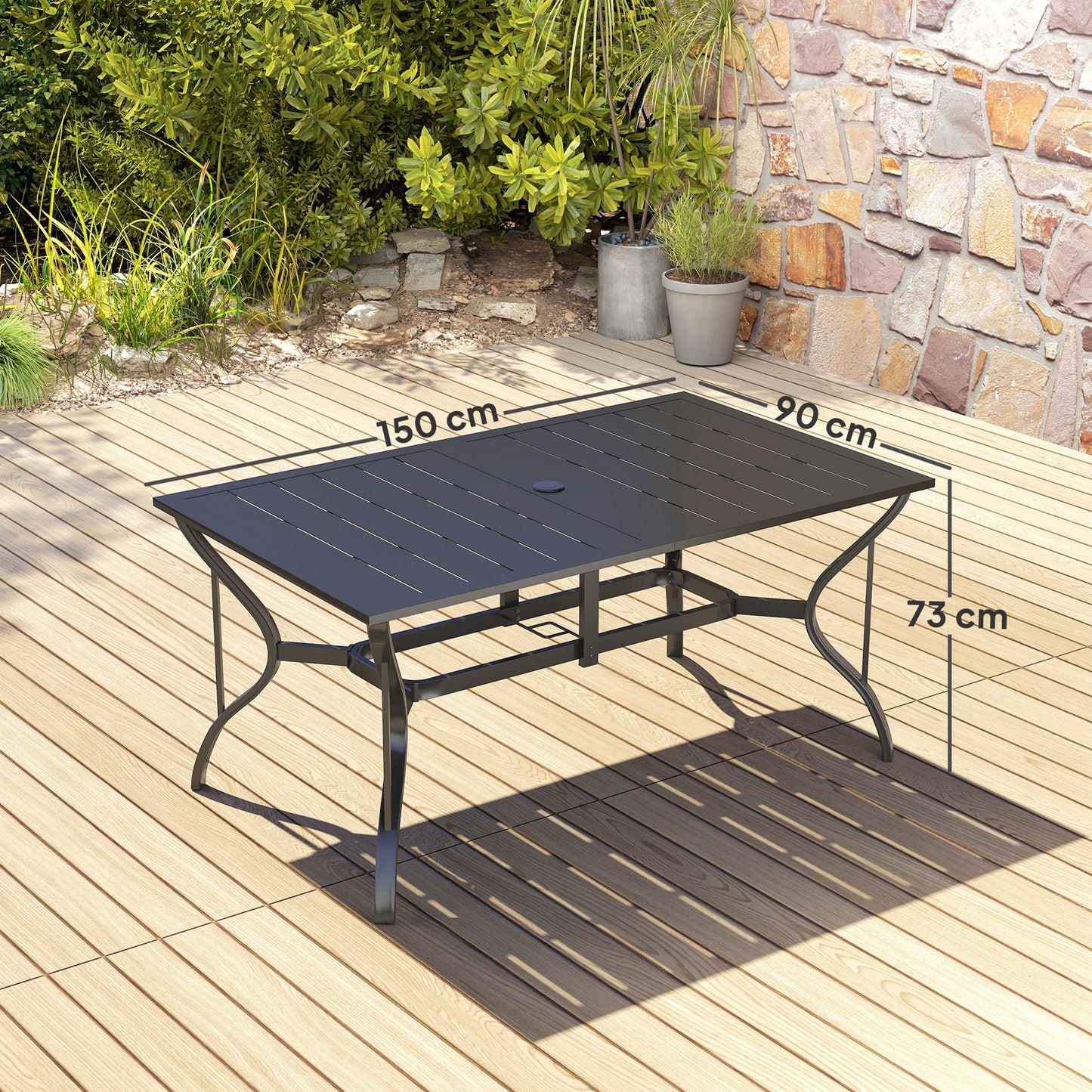 Outsunny Tuintafel Staal 150x90 cm Weerbestendige Balkontafel met Parasolgat, Lattenbodem voor 6 Personen Zwart