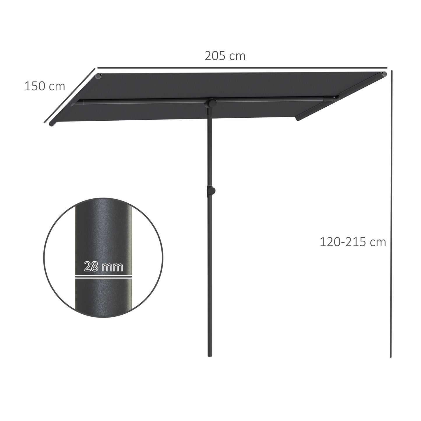 Outsunny Parasol, 180 graden draaibaar, in hoogte verstelbaar, tuinparasol met aluminium paal, 150x205cm, donkergrijs