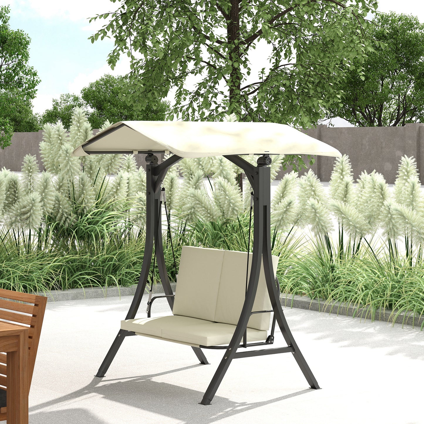 Outsunny Hollywood-Schaukel mit verstellbarem Sonnendach und Sitzkissen, 2-Sitzer bis 220 kg, 150 x 120 x 182 cm, cremeweiß