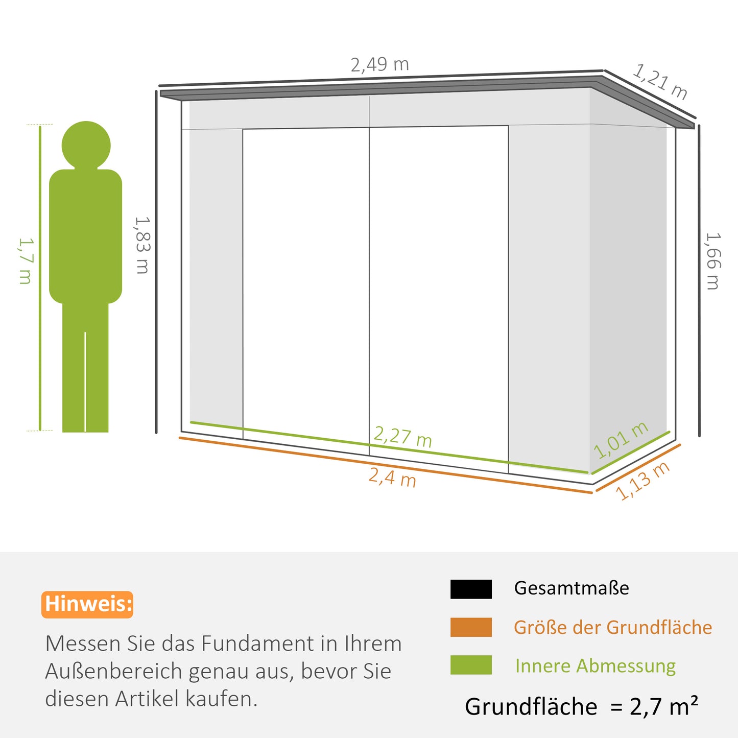 Outsunny Gartenhaus aus Stahl, Geräteschuppen, Doppeltüren, 249 cm (B) x 121 cm (T) x 166/183 cm (H), grau