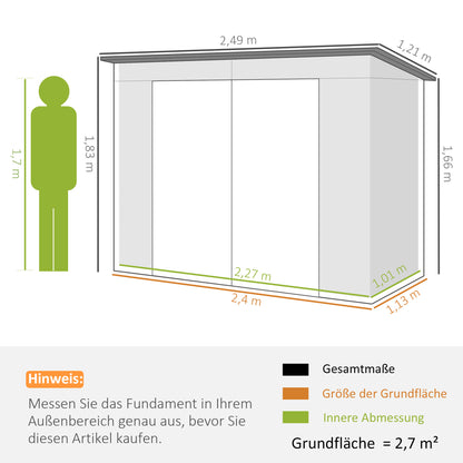Outsunny Gartenhaus aus Stahl, Geräteschuppen, Doppeltüren, 249 cm (B) x 121 cm (T) x 166/183 cm (H), grau