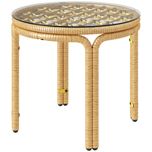 Outsunny Beistelltisch aus Polyrattan, runder Couchtisch mit Glasplatte, Nachttisch Ø50 cm, gelb