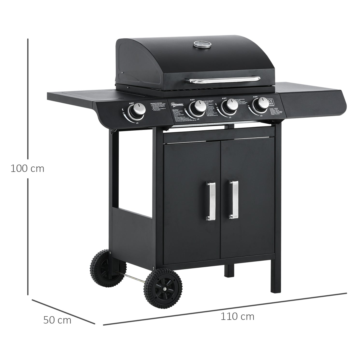 Outsunny gasbarbecue met 3 hoofdbranders + 1 zijbrander, opbergplank, roestvrij staal, zwart, 110 x 50 x 100 cm