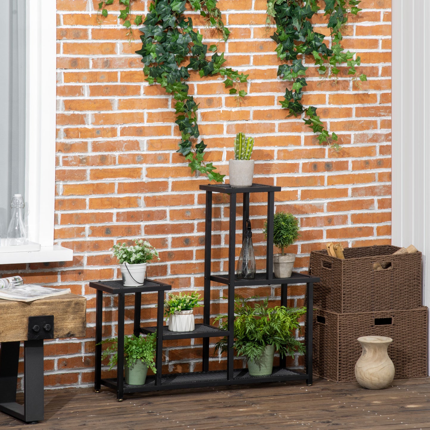 Outsunny plantenstandaard met 4 planken, weerbestendig, bloemenstandaard, 91 cm x 25 cm x 83 cm, zwart