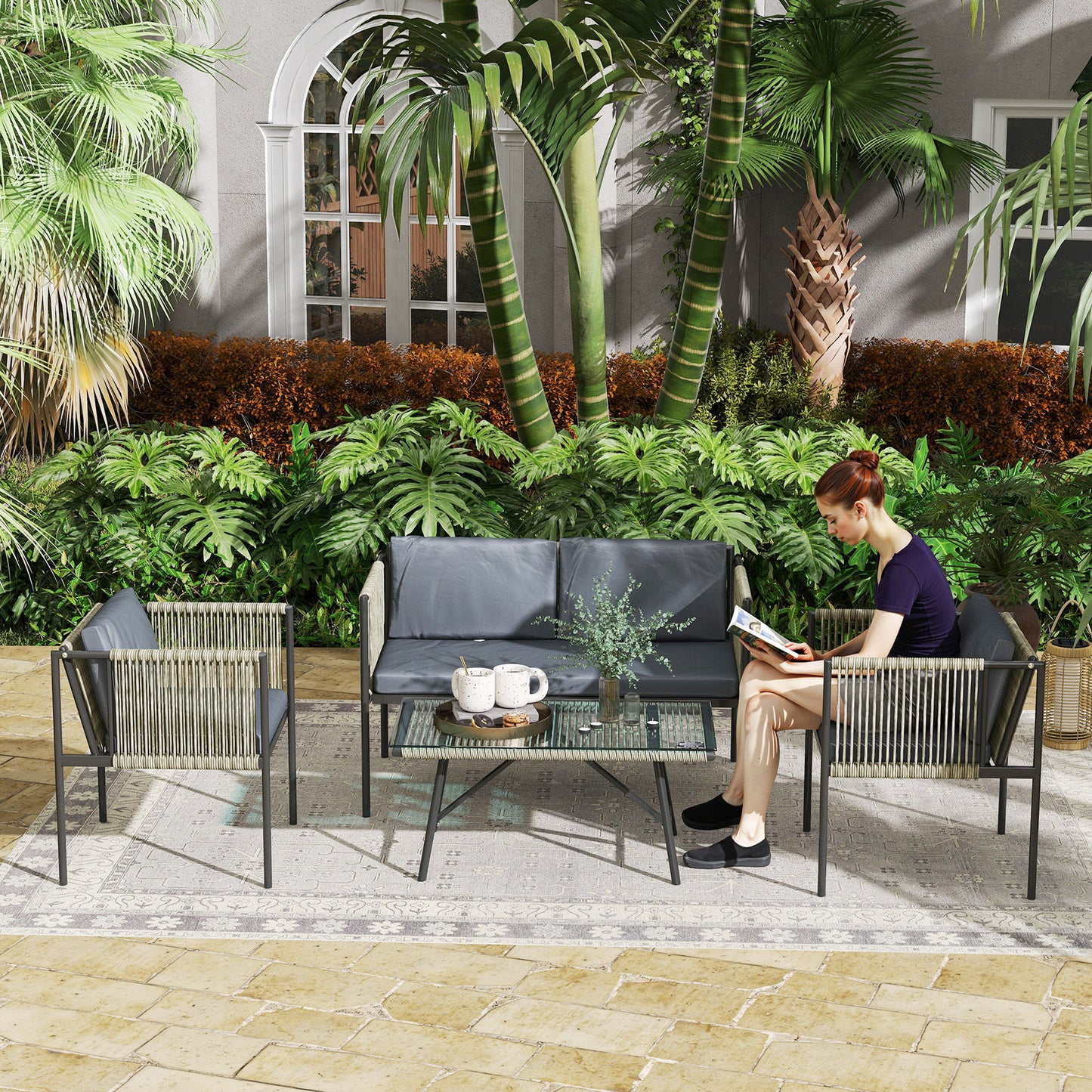 Outsunny 4-delige tuinset, 1 bank, 2 fauteuils, 1 tafel met glazen blad, kussens, stalen frame, kunststof rotan, grijs