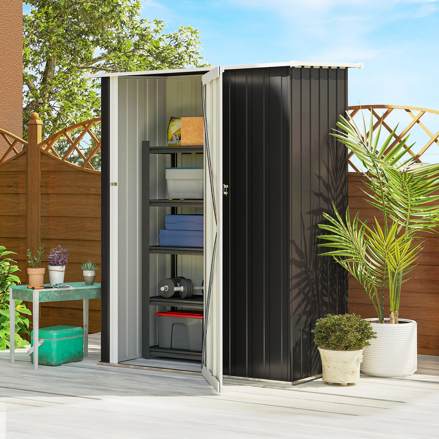 Outsunny Metalen Tuinhuis 1,07 m² met Schuin Dak, 142 x 84 x 189 cm, Gereedschapsschuur met Afsluitbare Deur, Tuinhuis, Tuinhuis, Donkergrijs