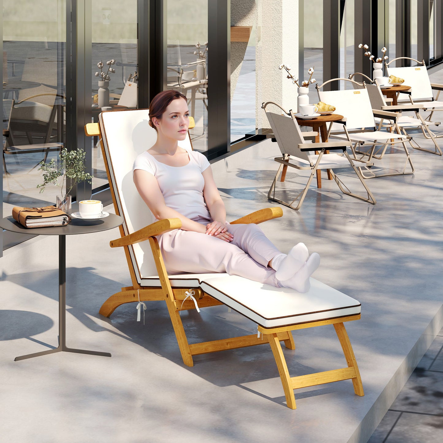 Outsunny Houten Opvouwbare Ligstoel, Tuinligstoel met Voetensteun, Matras, Ligstoel, Draagvermogen tot 160 kg, Teak
