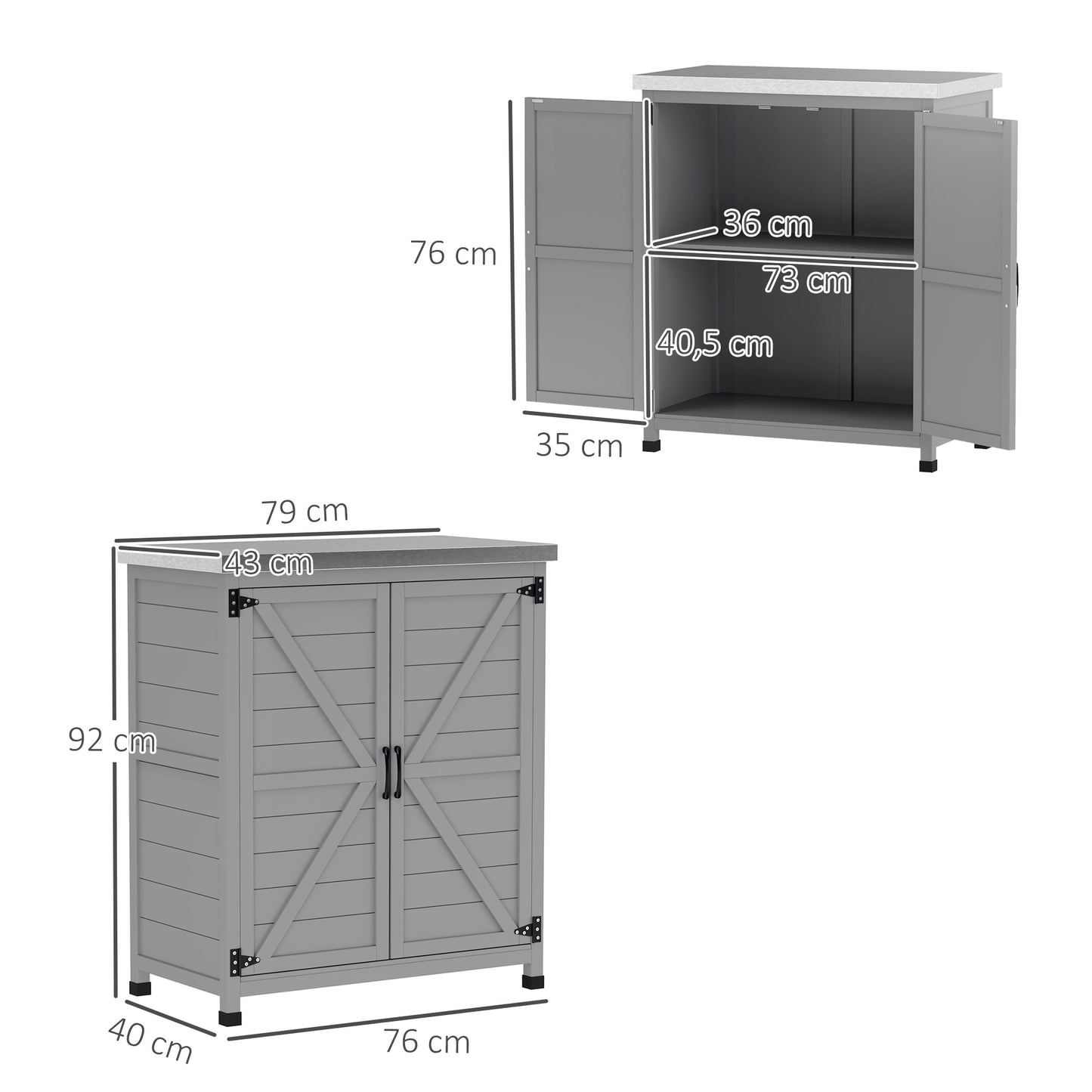 Outsunny Gartenhaus, Außenschrank mit Arbeitsplatte, Werkzeugschrank, Massivholz, Stahl, 79 cm (B) x 43 cm (T) x 92 cm (H), grau