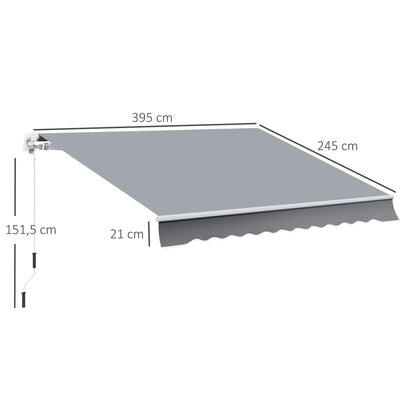Outsunny zonnescherm, 3,95 x 2,45 m, zonwering, uitschuifbaar, met handzwengel, metalen frame, polyester, grijs/wit