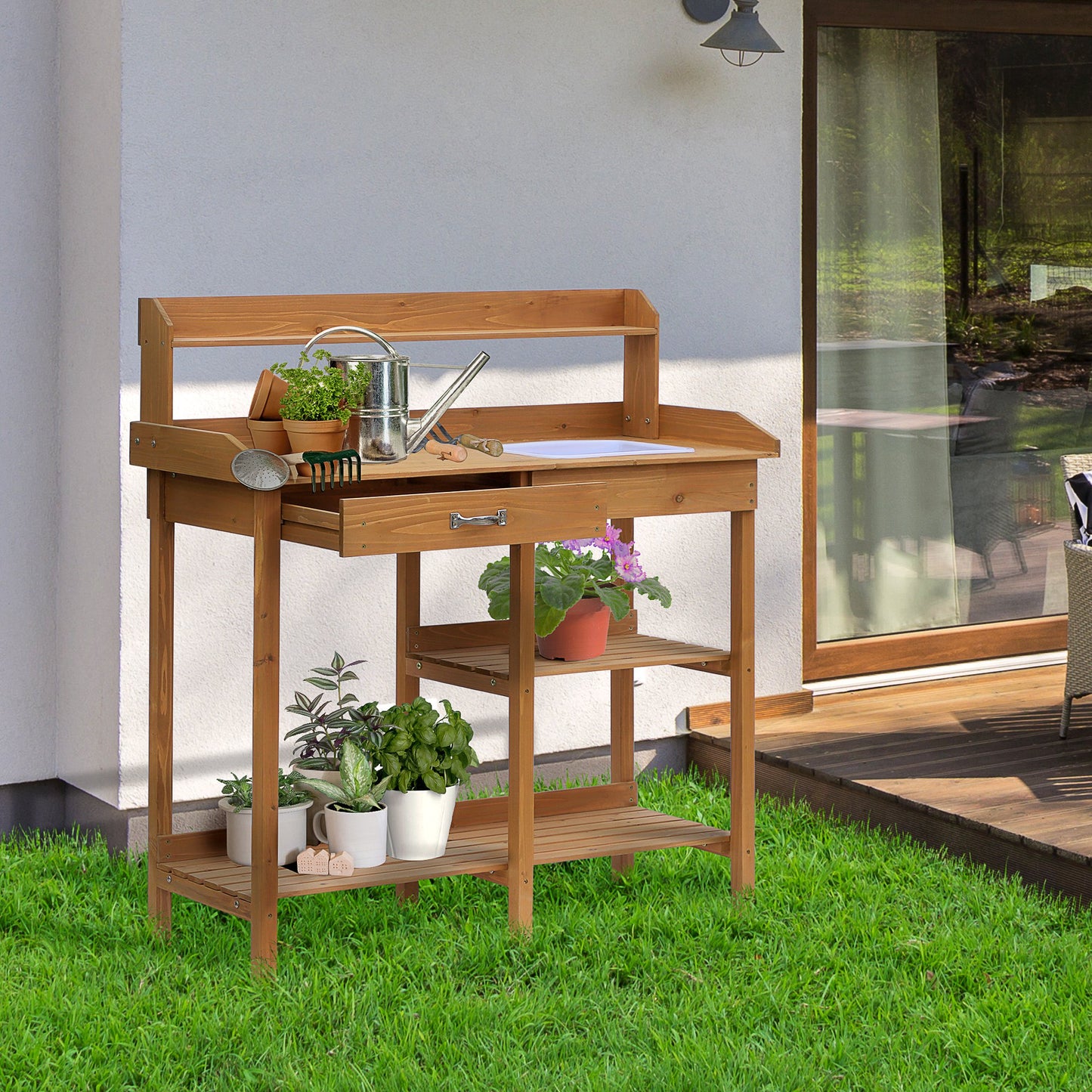 Outsunny Pflanzentisch, Gartentisch, Blumentisch mit Tablett, Garten, Kiefernholz, Natur, 117 x 45 x 121 cm