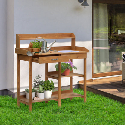 Outsunny Pflanzentisch, Gartentisch, Blumentisch mit Tablett, Garten, Kiefernholz, Natur, 117 x 45 x 121 cm