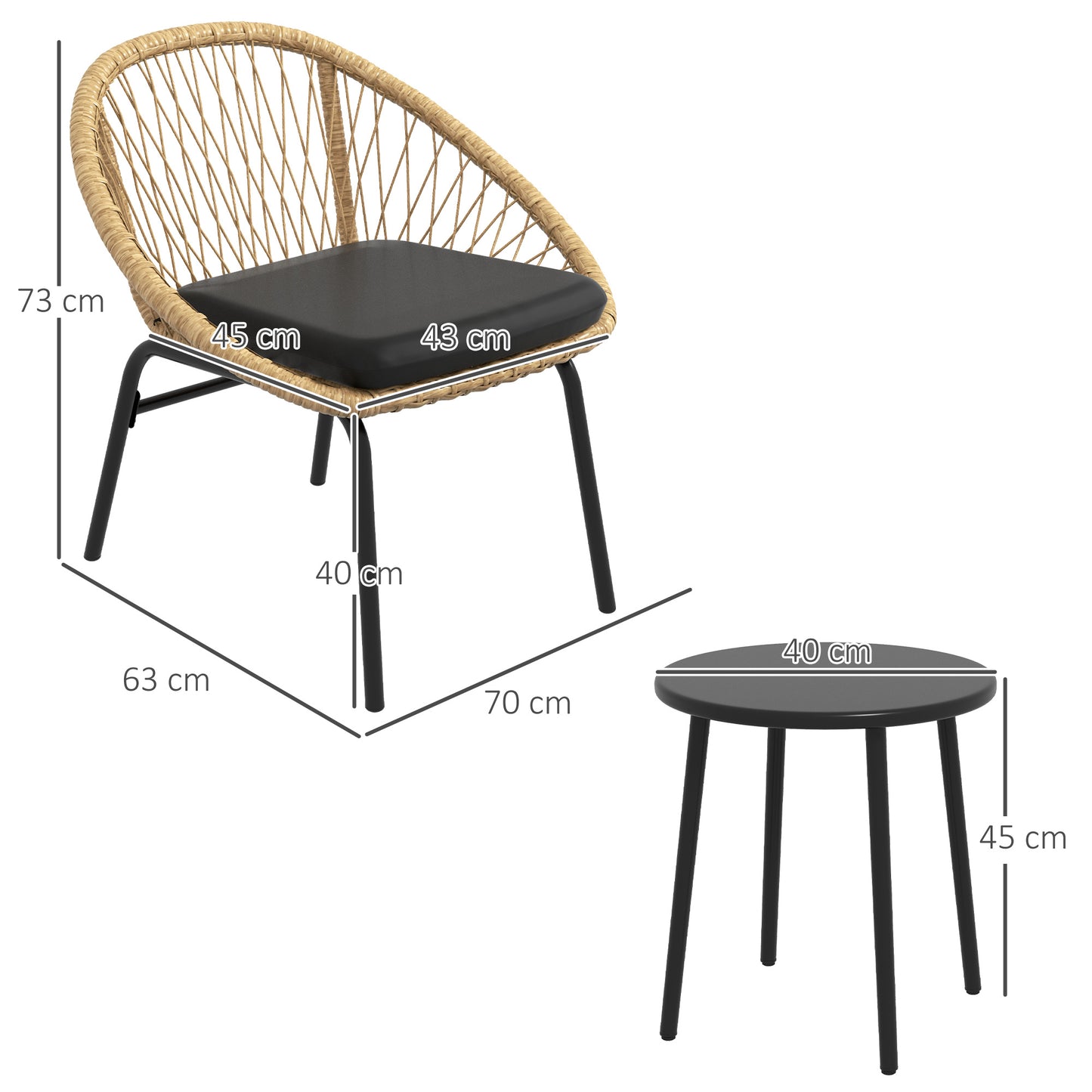 Outsunny Gartenmöbelset aus Rattan, 2 Sessel und Tisch, gelb