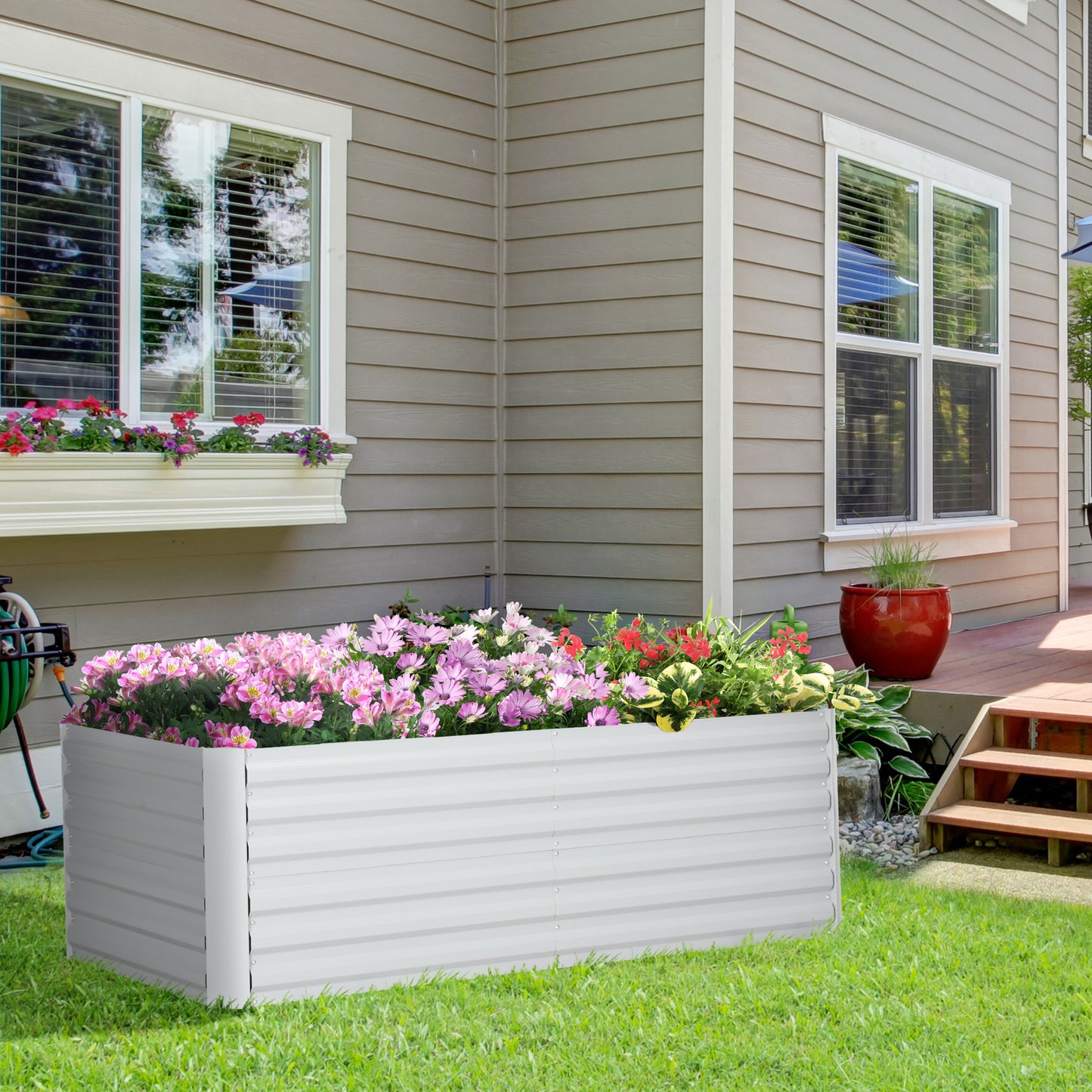Outsunny plantenbak, handige bloembak voor het planten, verzorgen en verzorgen van planten, verhoogd bed, staal, lichtgrijs
