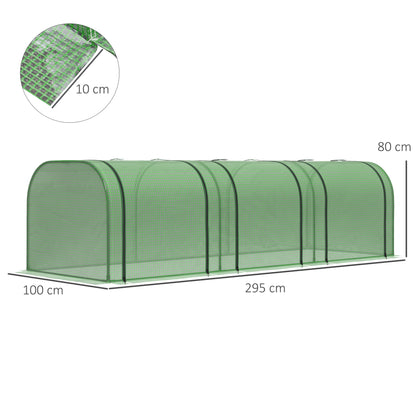 Outsunny polytunnelkas, drie roldeuren, robuuste kap, stalen frame, groen, 2,95 x 1 x 0,8 m
