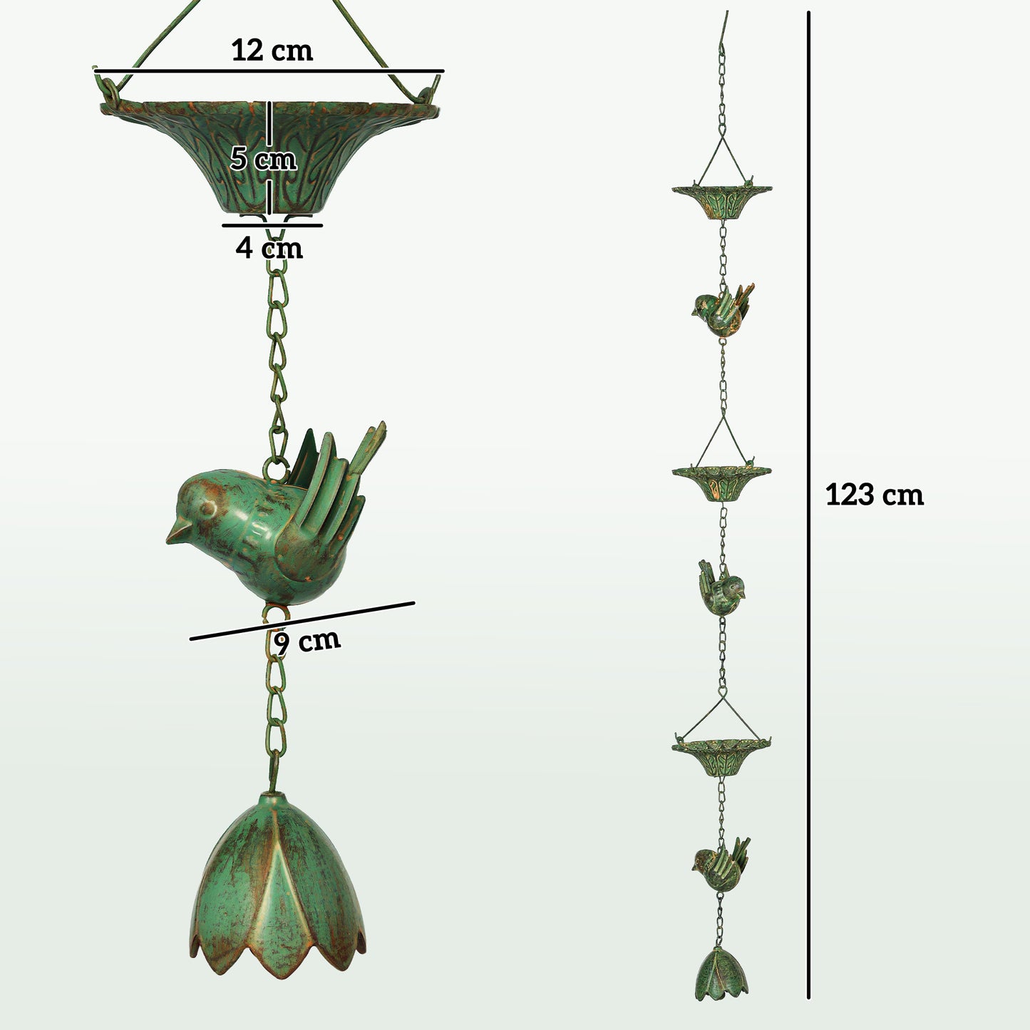 Outsunny 3-teiliges Regenkettenset, 123 cm, Metall-Regenablaufkette mit Aufhängeschlaufe, Vogelmotiv, Glockengrün