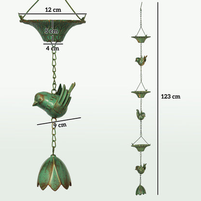 Outsunny 3-teiliges Regenkettenset, 123 cm, Metall-Regenablaufkette mit Aufhängeschlaufe, Vogelmotiv, Glockengrün