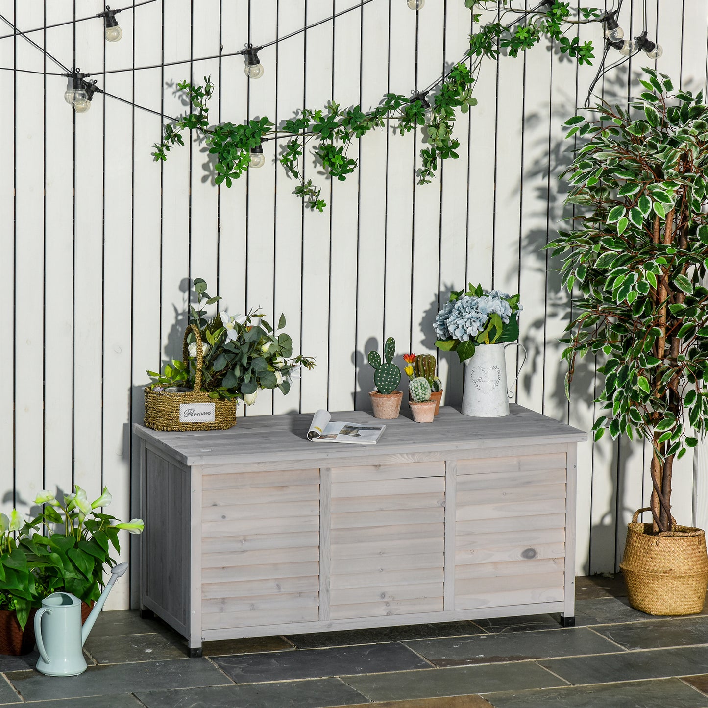 Outsunny tuinopbergbox, weerbestendig, ademend, kussenbox, opbergbox, sparrenhout, grijs, 127 x 56 x 60 cm