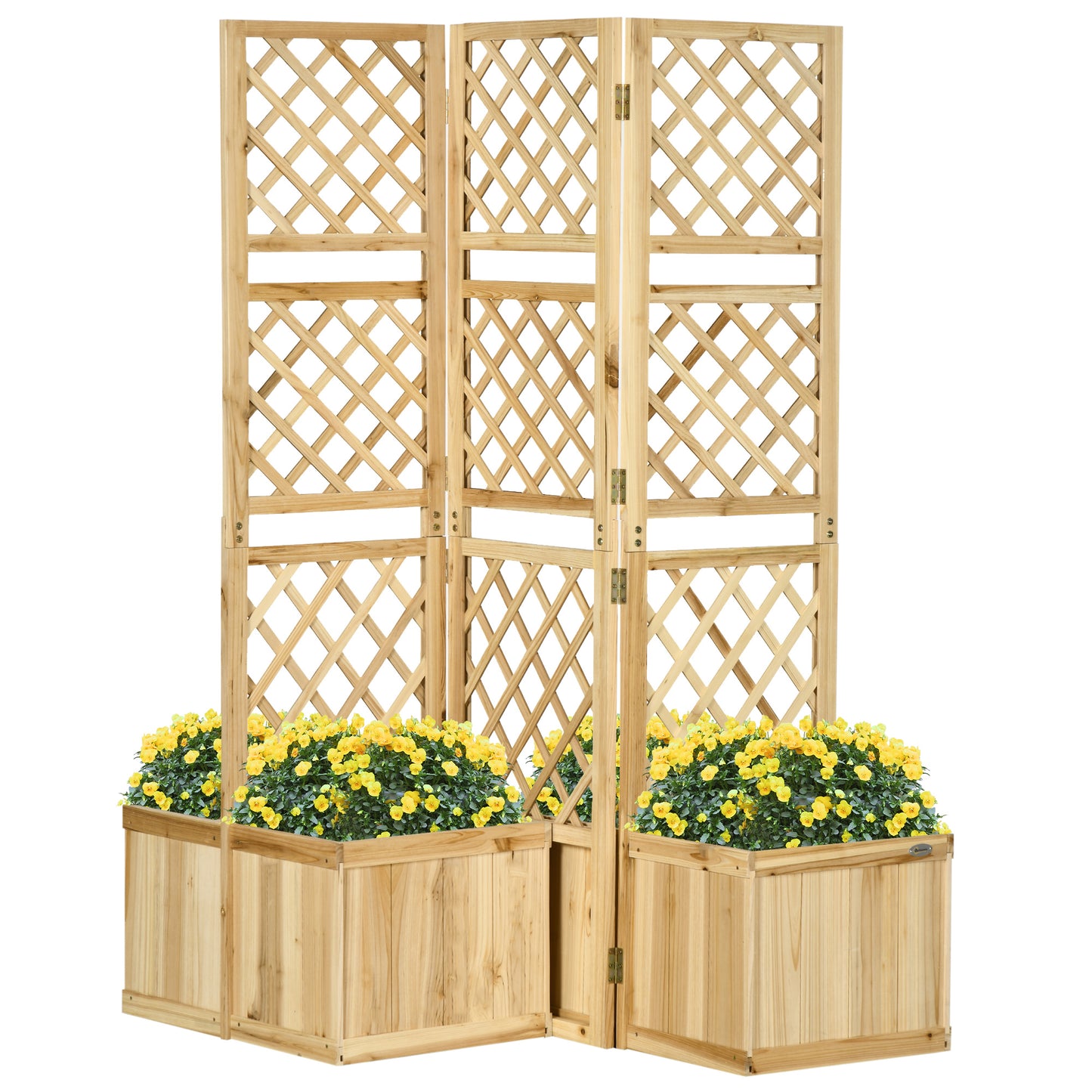 Outsunny vouwscherm, privacyscherm voor de tuin, drievoudig vouwbaar, 4 bloembakken, massief hout, natuurlijke kleur, 133 x 62 x 165 cm