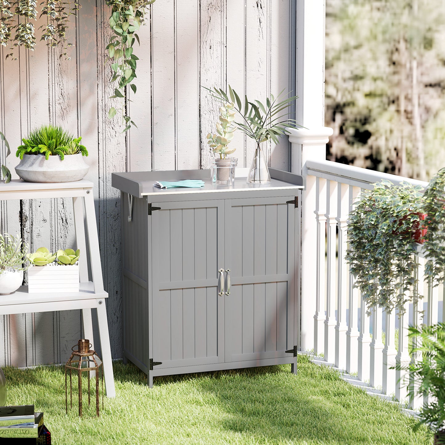 Outsunny tuinhuis, buitenschuur met werkblad, hout en roestvrij staal, dubbele deuren, grijs