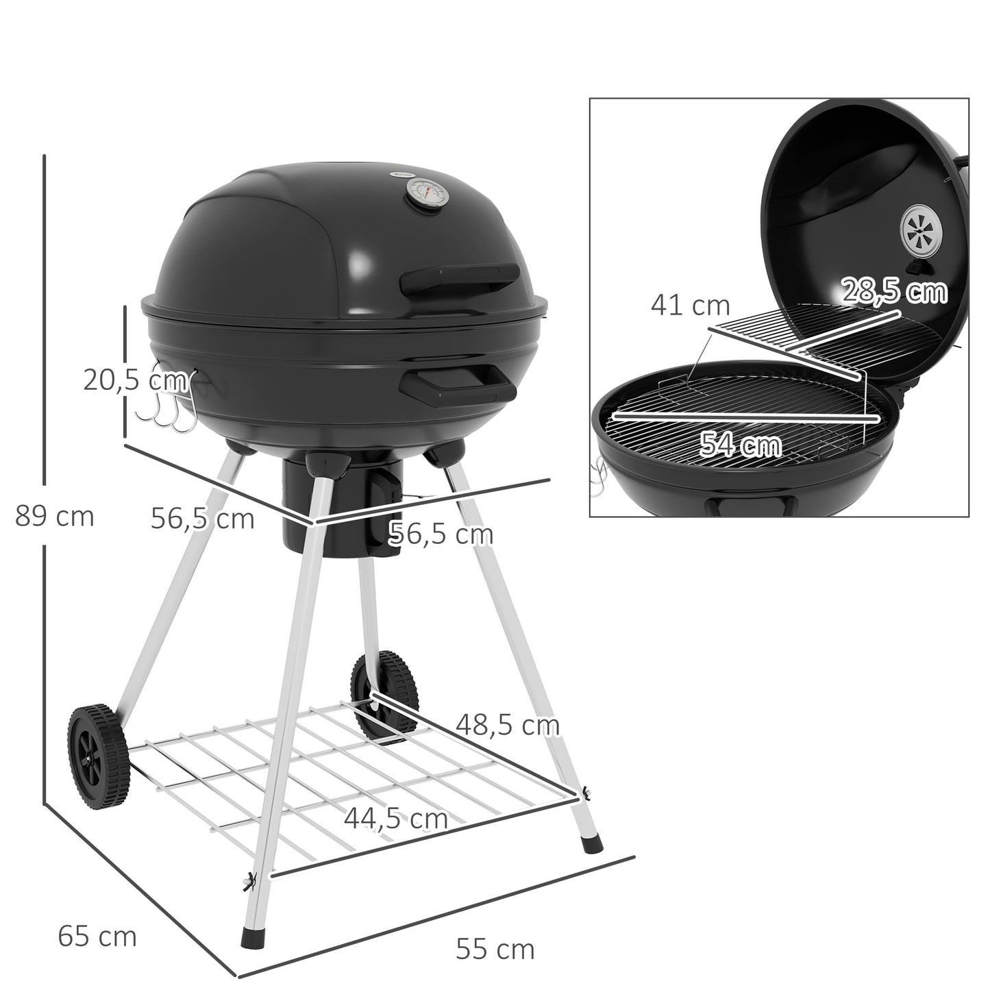 Outsunny Kugelgrill, Grillrost Ø 54 cm, Warmhalterost, Ablage, Aschenbecher, Thermometer, 55 x 65 x 89 cm, Schwarz
