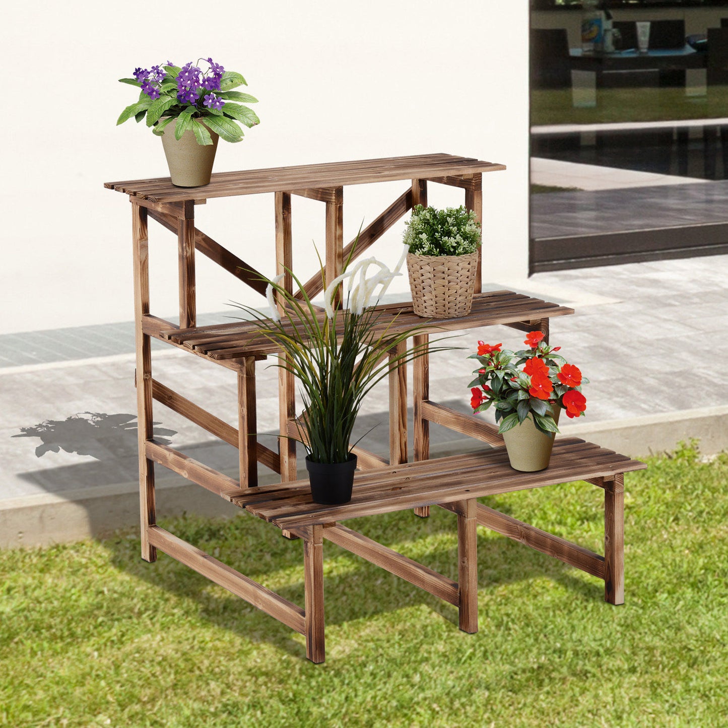 Outsunny Plantenstandaard, Bloemenstandaard, Bloemenplank, Plantenplank, Bloemenstandaard, 3 lagen, Dennenhout, 80 x 80 x 78 cm