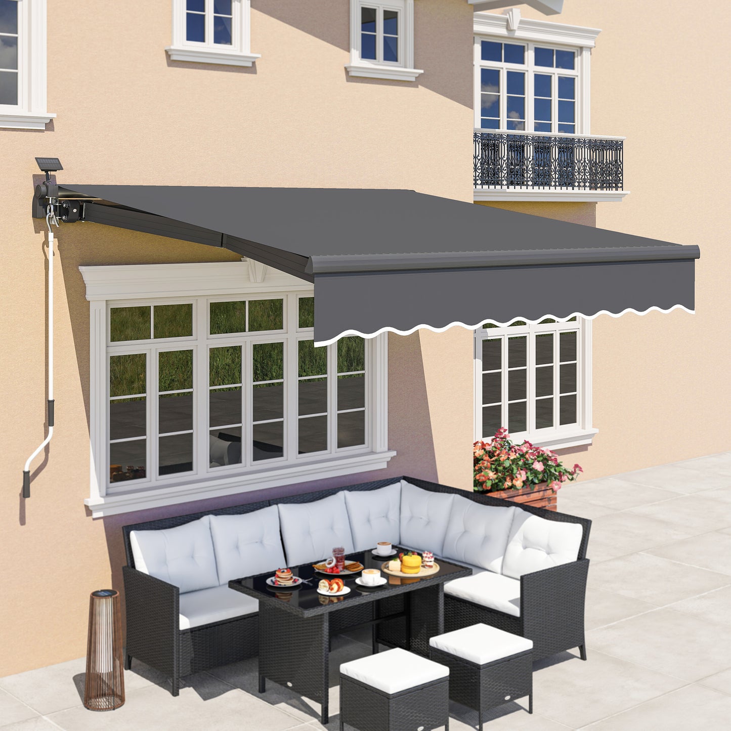 Outsunny Klemmmarkise mit Handkurbel, Solarlampe, Gelenkarmmarkise, Sonnenschutz UV 50+, 300 cm breit, grau
