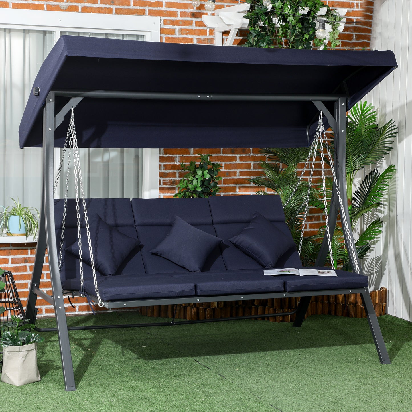Outsunny Hollywood Gartenschaukel, 3-Personen-Schaukel, verstellbarer Sonnenschirm, 198 x 118 x 168 cm, Dunkelgrau