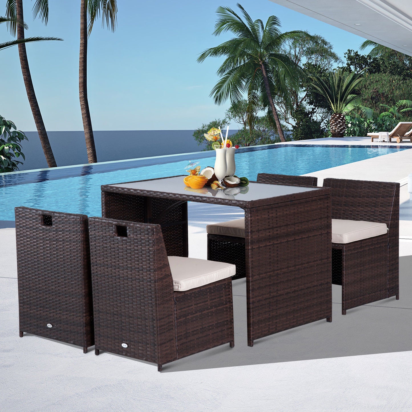 Outsunny 5-teiliges Gartenmöbelset aus Polyrattan, wetterfeste Balkonmöbel für 4 Personen, Gartenmöbel mit Tisch, 4 Stühlen, Kissen, Lounge-Set, Essgruppe, Sitzgruppe für Balkon und Garten, braun + khaki