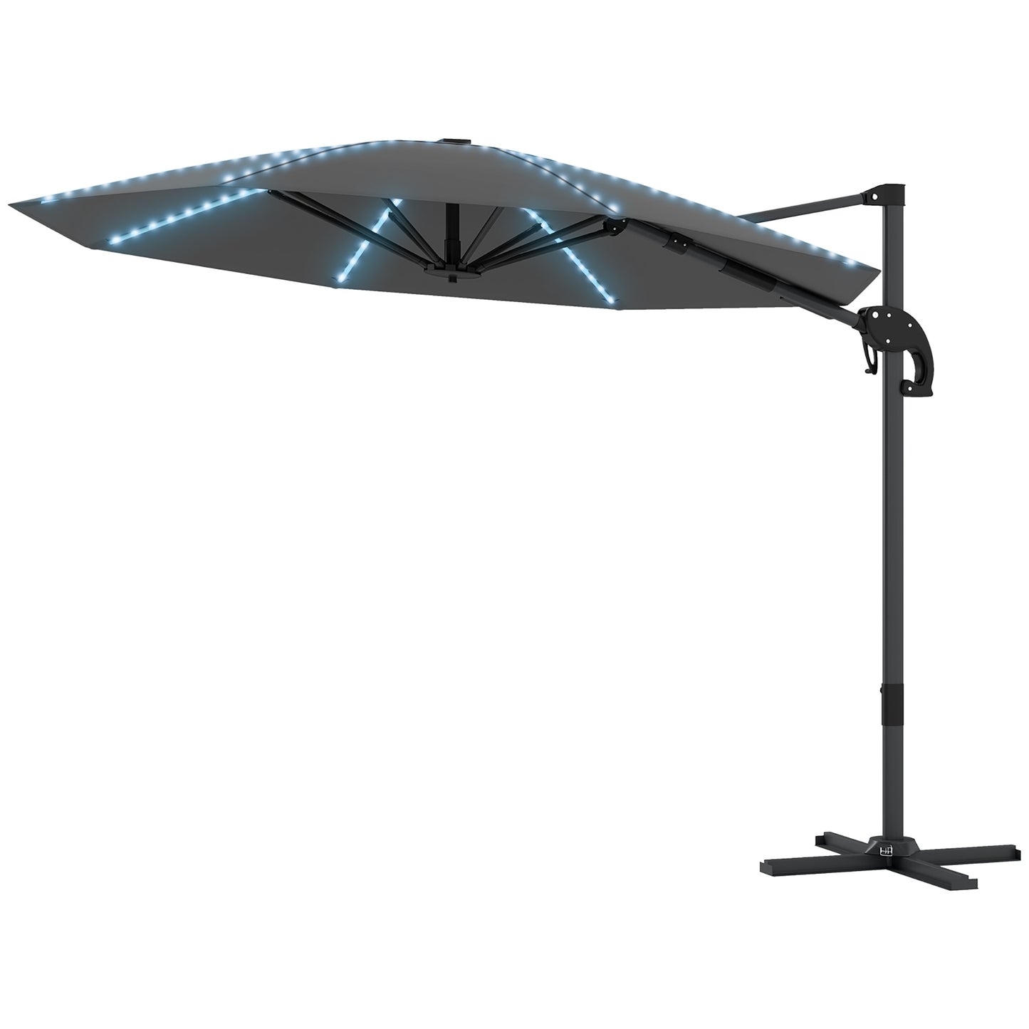 Outsunny Aluminium-Freiarm-Sonnenschirm mit LED-Solarbeleuchtung, Ø 300 cm, höhenverstellbar, mit Kurbelständer, UV 50+, Dunkelgrau