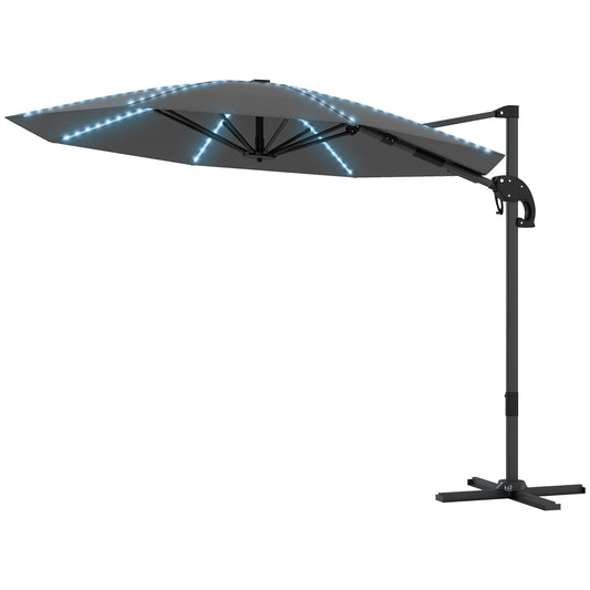 Outsunny Aluminium-Freiarm-Sonnenschirm mit LED-Solarbeleuchtung, Ø 300 cm, höhenverstellbar, mit Kurbelständer, UV 50+, Dunkelgrau