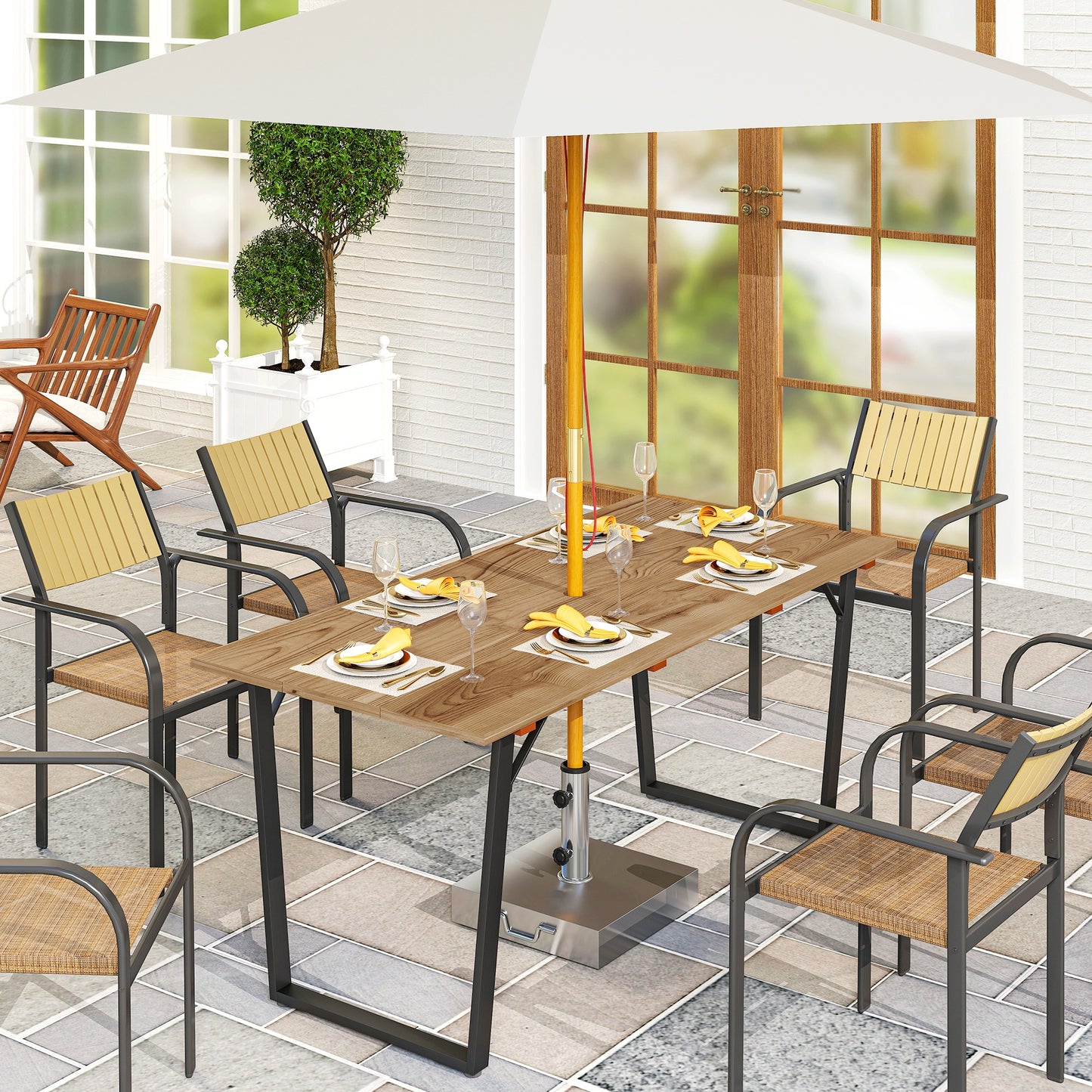 Outsunny Gartentisch aus Holz, 175 x 80 cm, wetterfest, mit Schirmloch, Buffettisch für 6 Personen, Braun