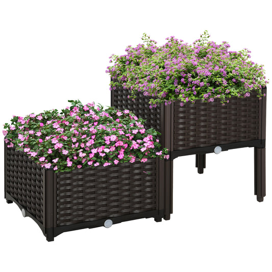 Outsunny Raised Garden Bed, Flower Box with Drainage Holes, Rattan Look Flower Box, Plastic, Brown, 40 x 40 x 44 cm