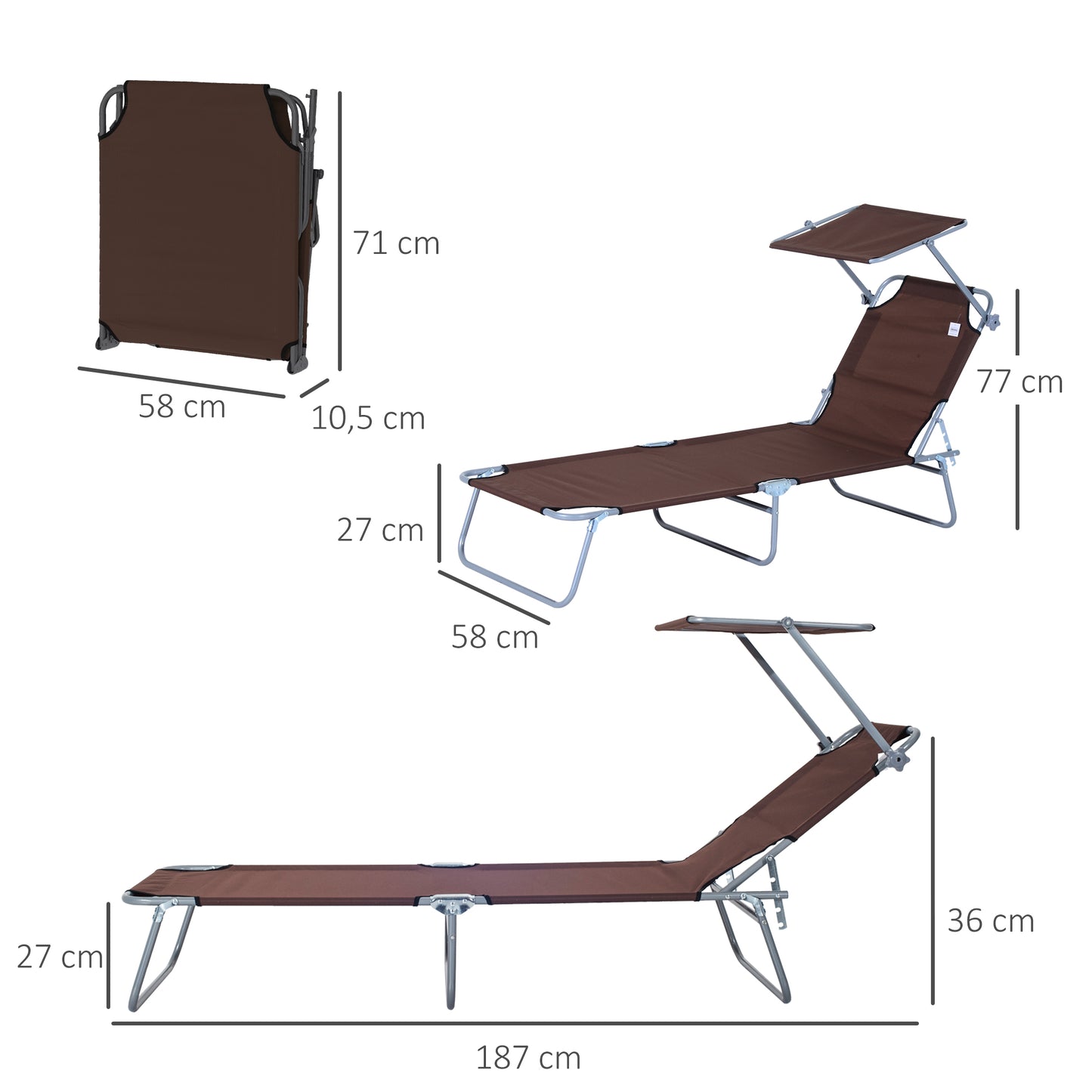 Outsunny Klappliege, Gartenliege mit Sonnenschutz, Liege mit 4-fach verstellbarer Rückenlehne, Campingliege, Belastbarkeit bis zu 120 kg, geeignet für Garten, Balkon und Poolbereich, 6 Farben (Braun)