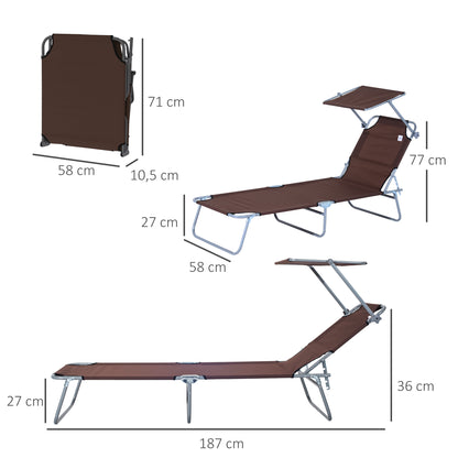 Outsunny Klappliege, Gartenliege mit Sonnenschutz, Liege mit 4-fach verstellbarer Rückenlehne, Campingliege, Belastbarkeit bis zu 120 kg, geeignet für Garten, Balkon und Poolbereich, 6 Farben (Braun)