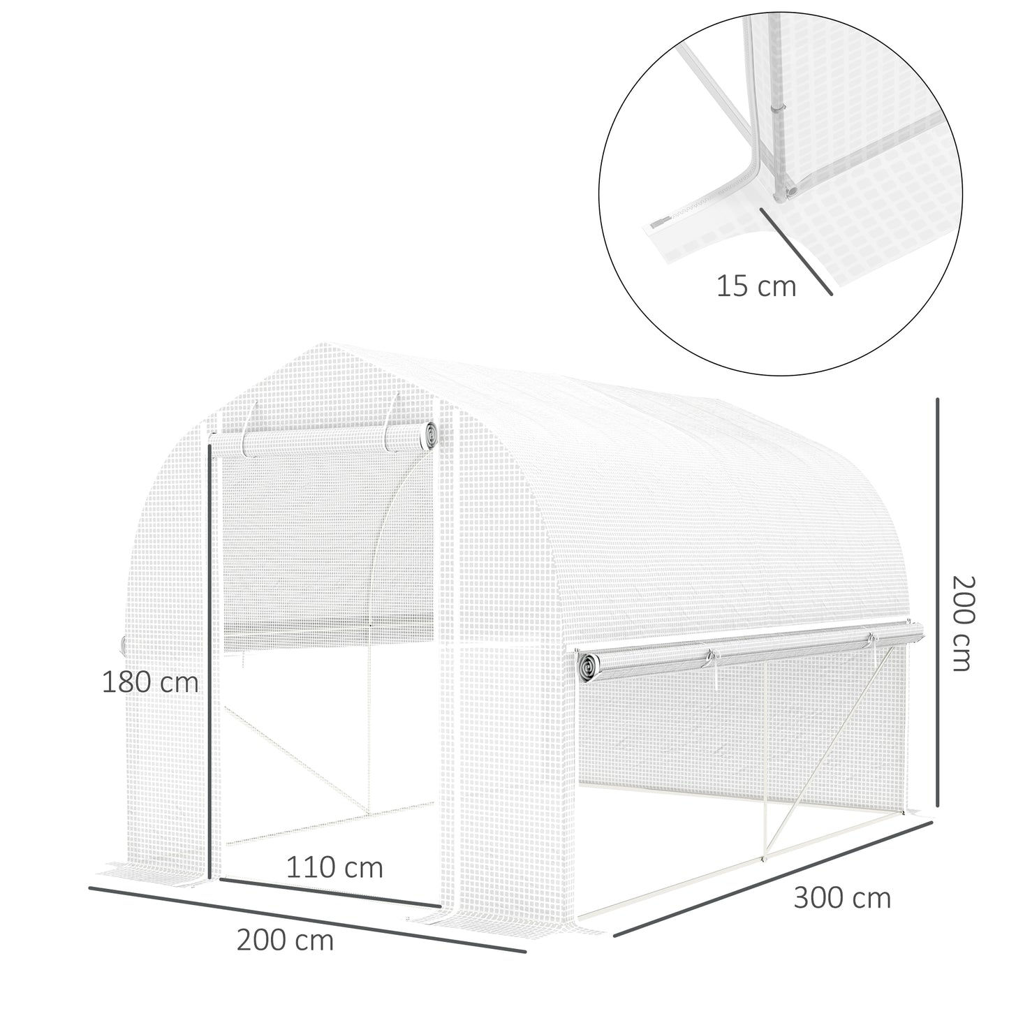 Outsunny 3 x 2 x 2 m tunnelkas met oprolbare zijwanden, UV-bestendige kunststof afdekking en stalen frame, wit